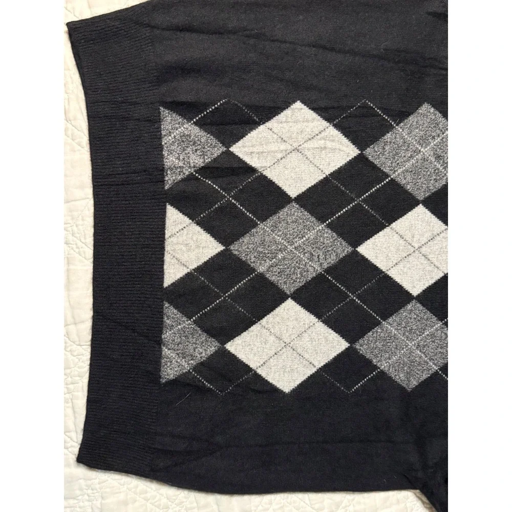 Davis & Squire Mens 100% Cashmere Argyle Crewneck Sweater Black Grey XL
